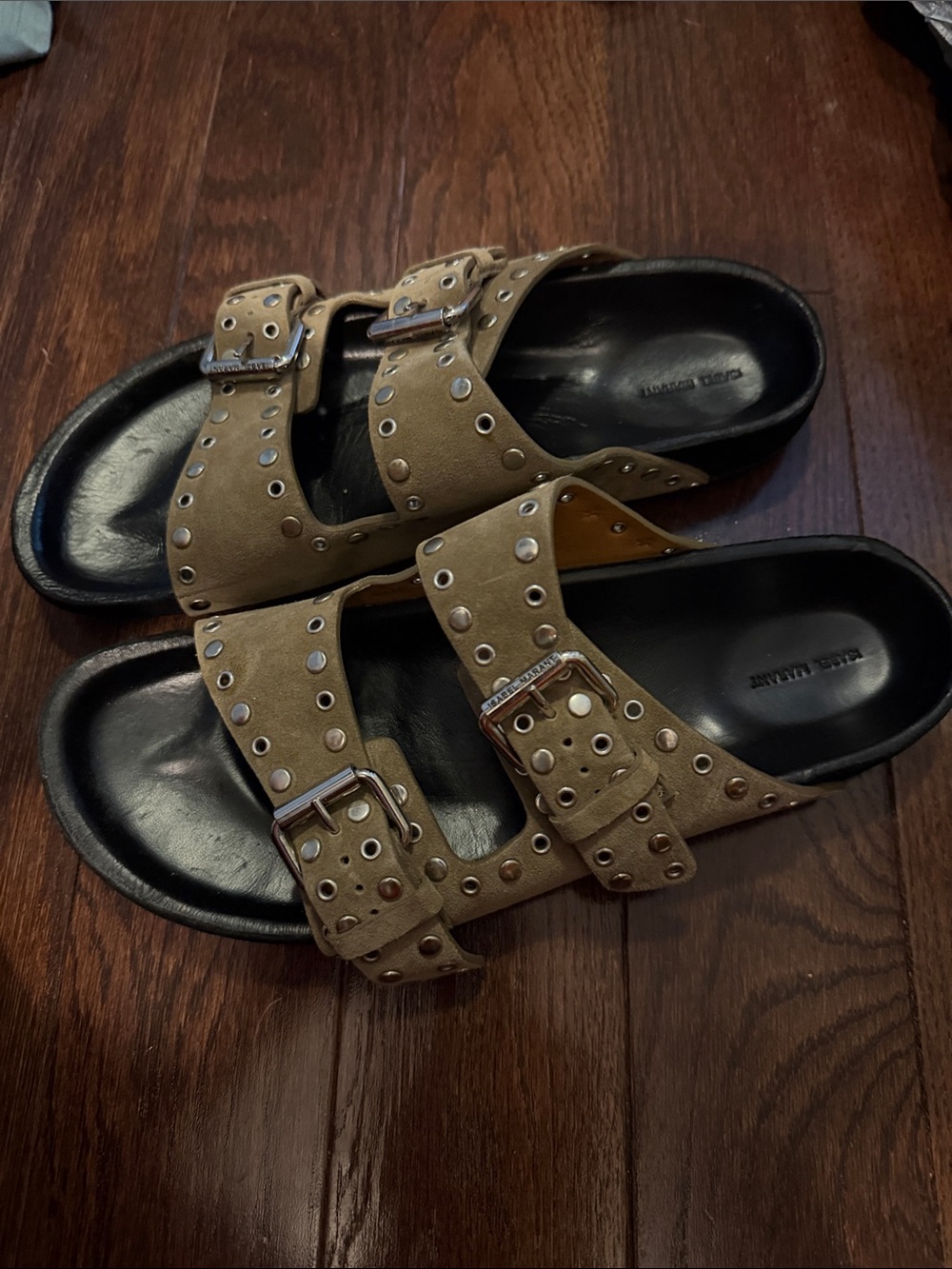 Isabel Marant Olive Green Studded Double-Buckle Slide Sandals - Picture 3 of 5